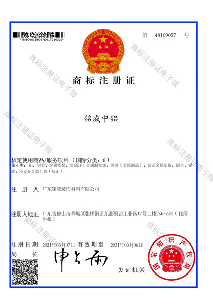 铭威商标证书